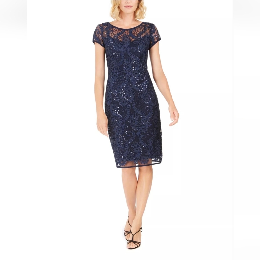 Connected Apparel Body Con Dress Womens Navy Short Sleeve Below The Knee  6